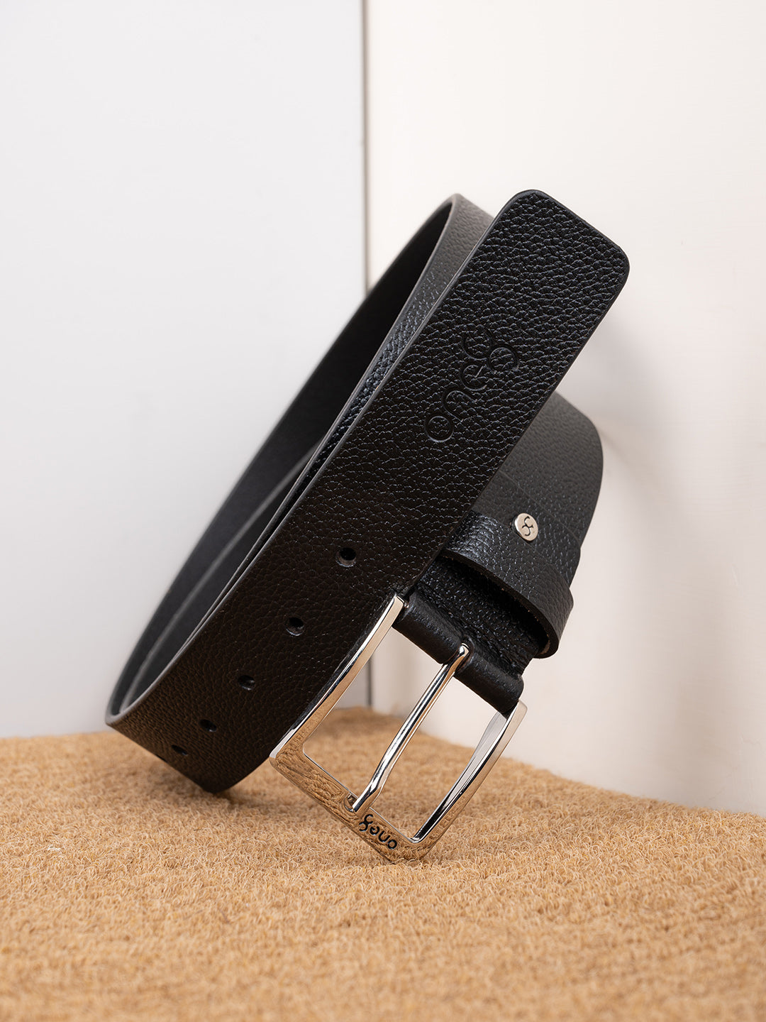 Textured Black Leather Belt with Silver Buckle