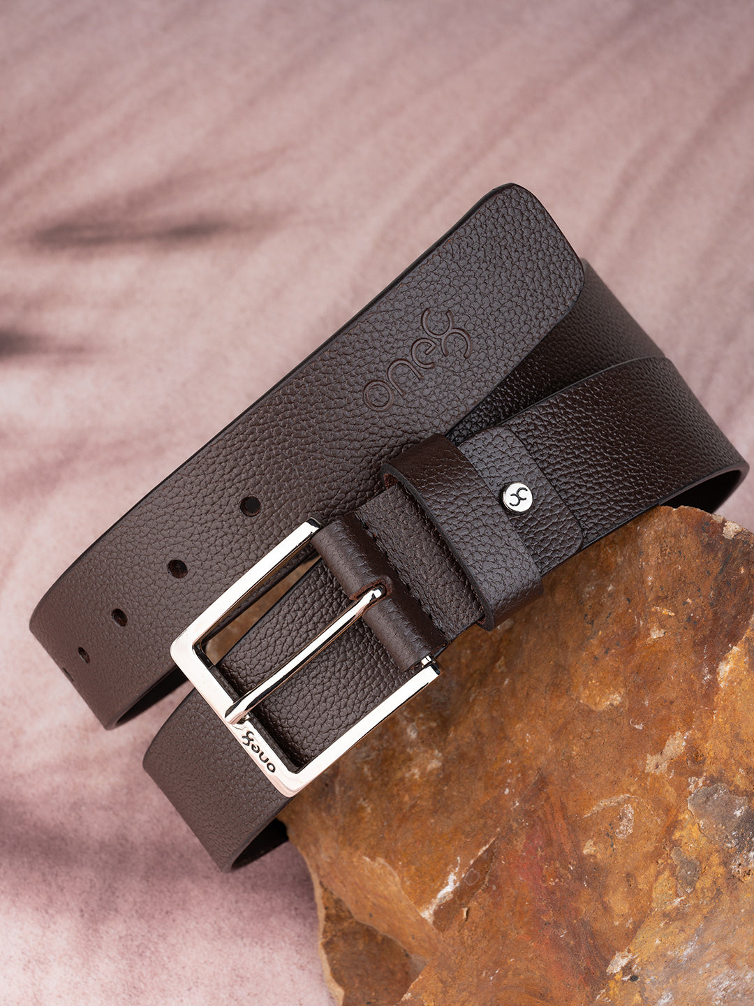 Textured Brown Leather Belt with Silver Buckle