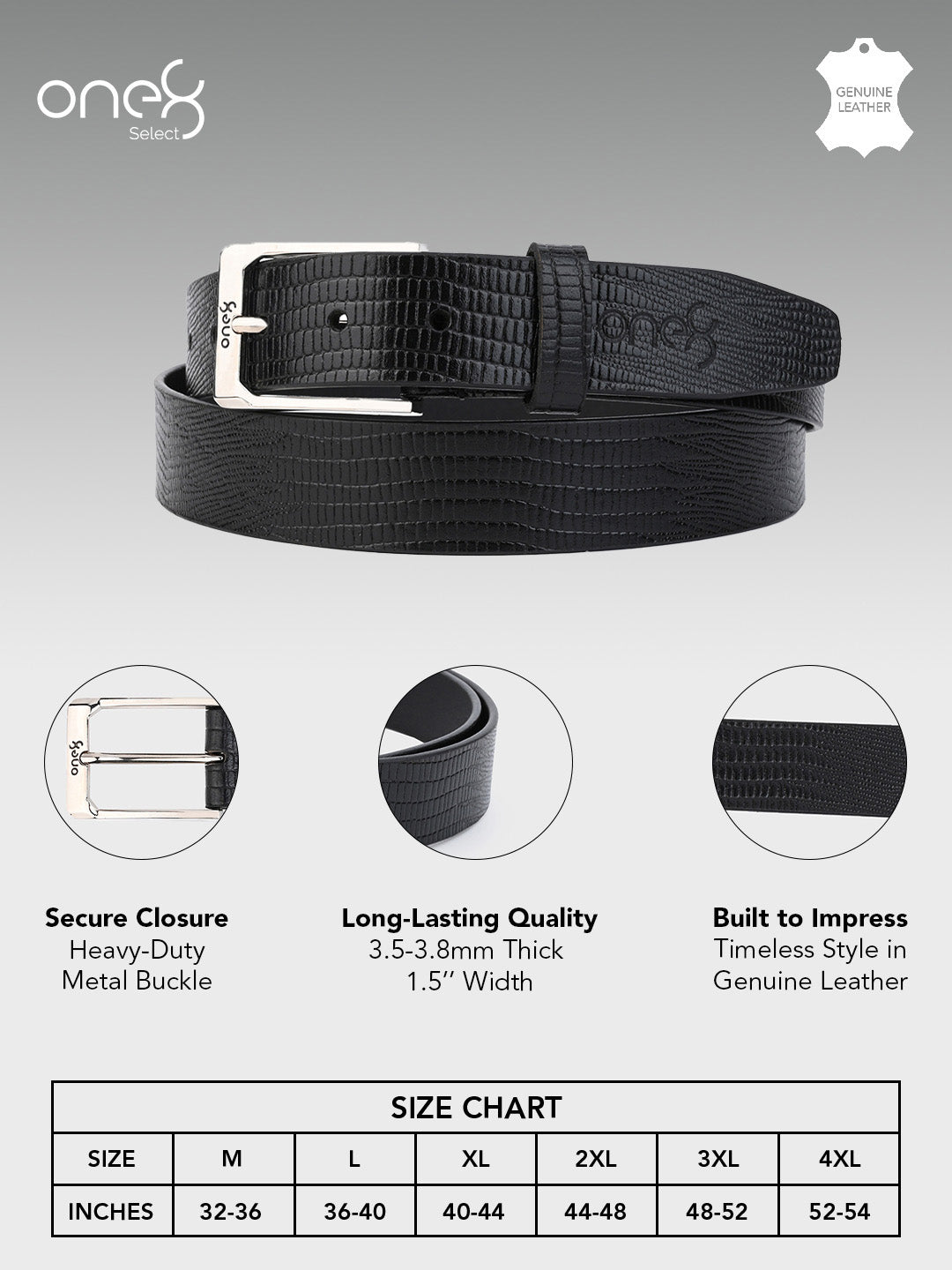 Black Embossed Leather Belt with Silver Buckle