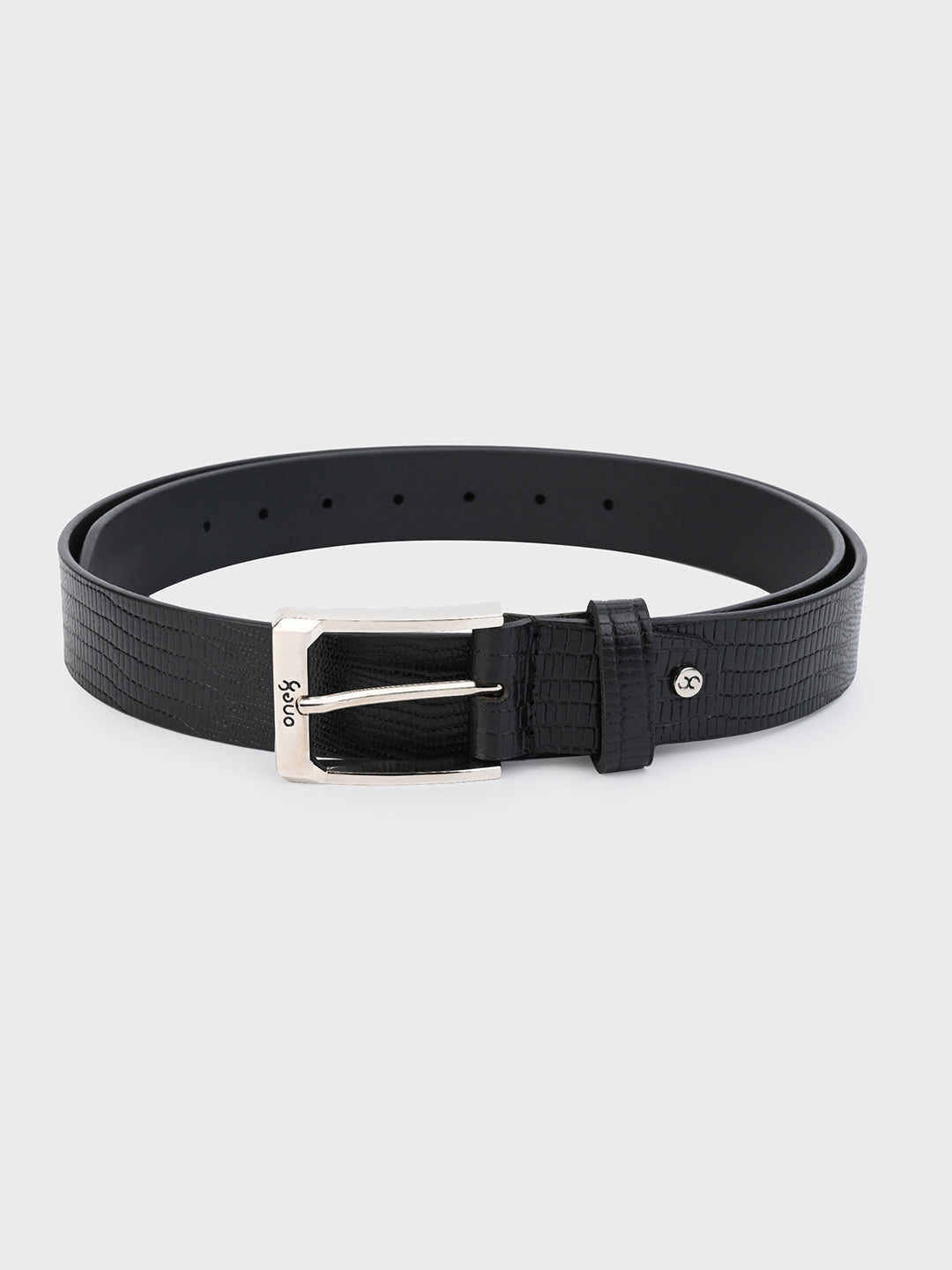 Black Embossed Leather Belt with Silver Buckle