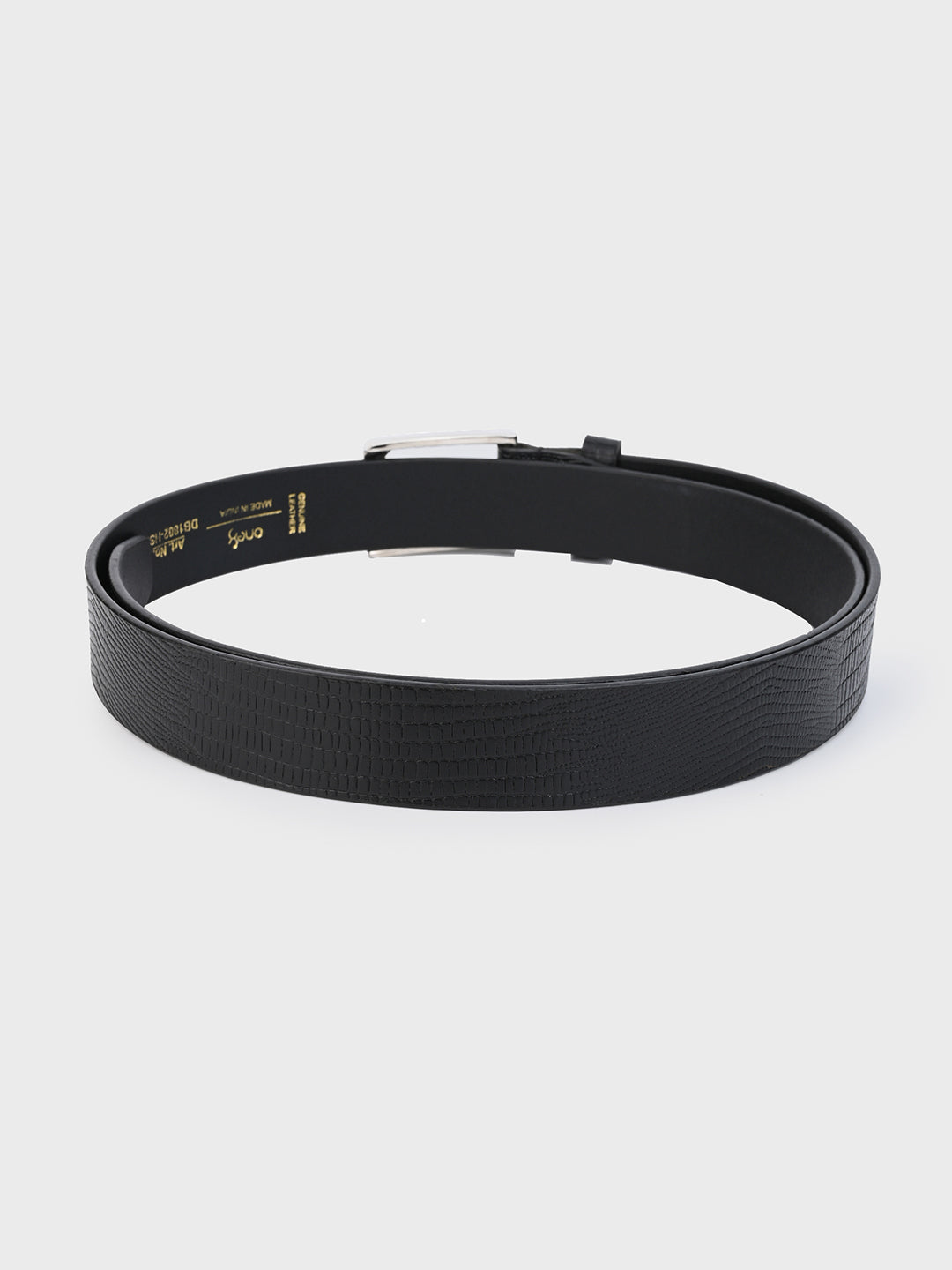 Black Embossed Leather Belt with Silver Buckle