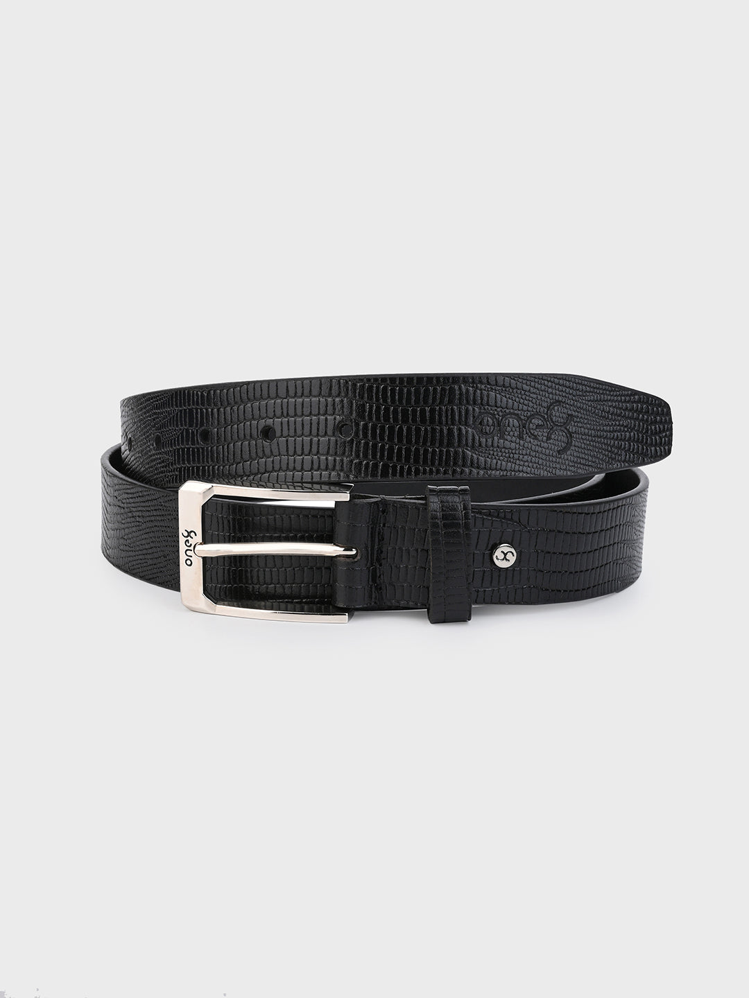 Black Embossed Leather Belt with Silver Buckle