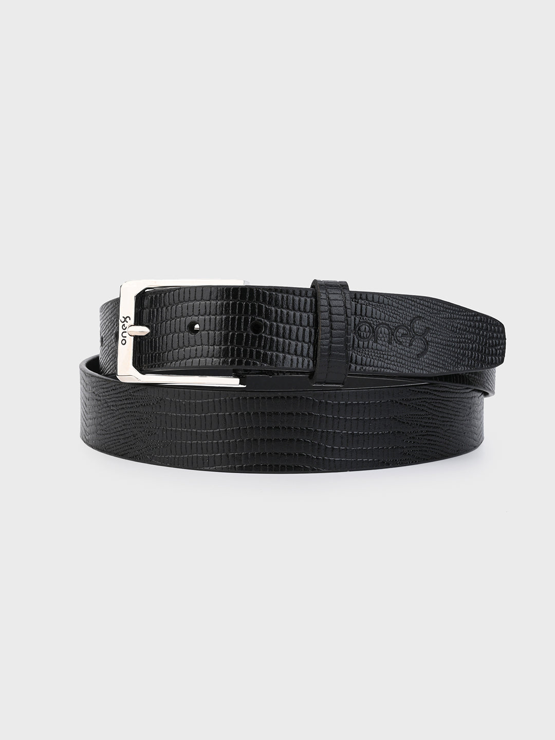 Black Embossed Leather Belt with Silver Buckle