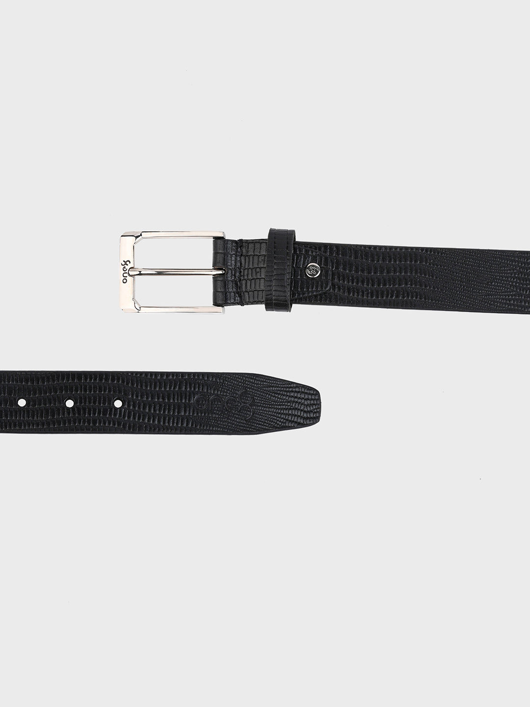 Black Embossed Leather Belt with Silver Buckle