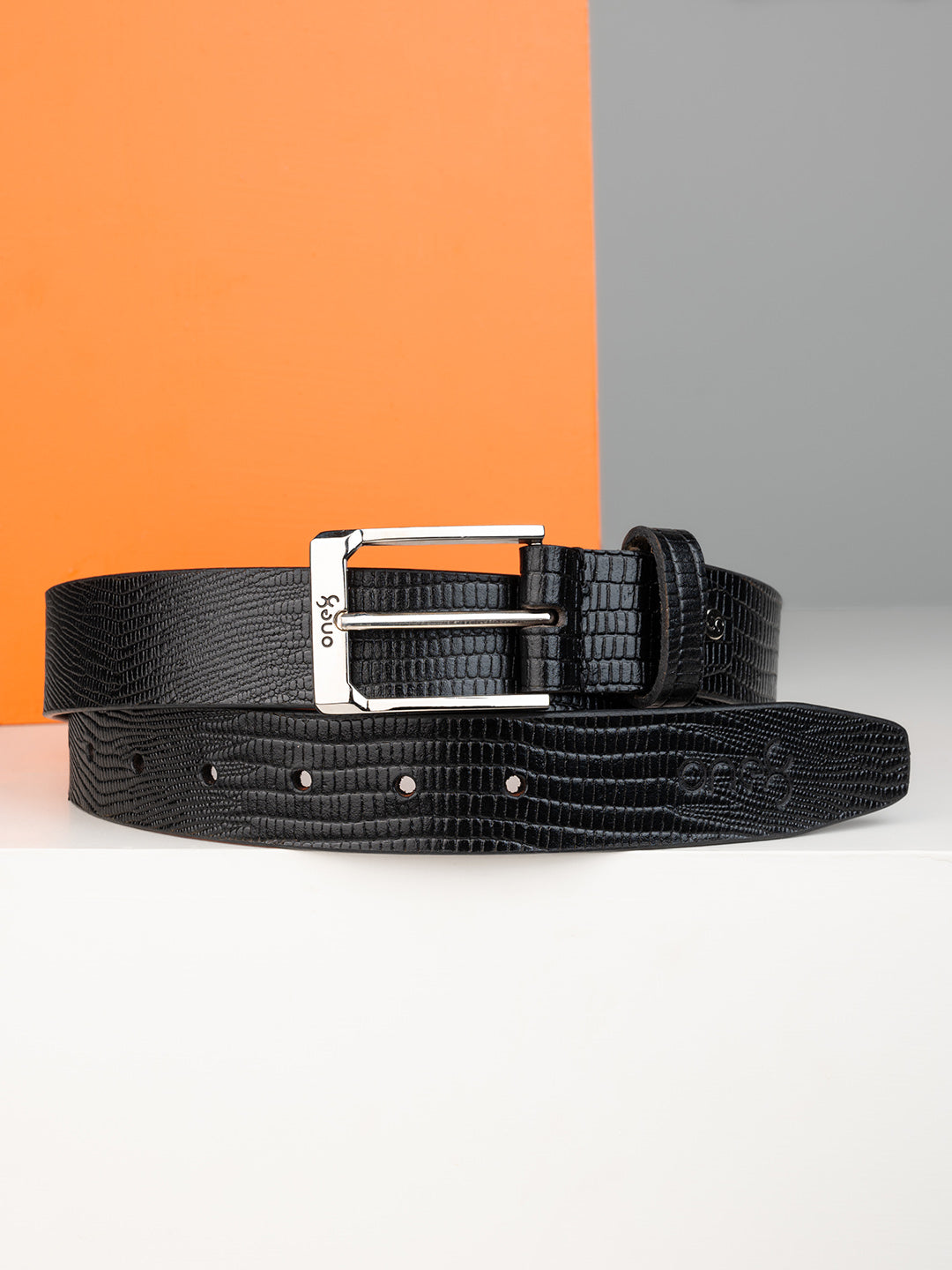 Black Embossed Leather Belt with Silver Buckle