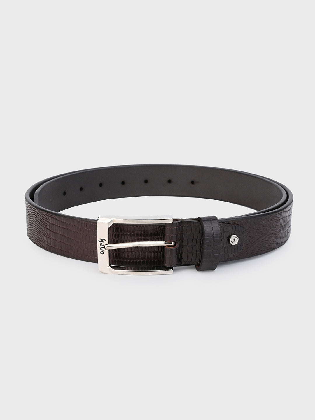 Brown Embossed Leather Belt with Silver Buckle