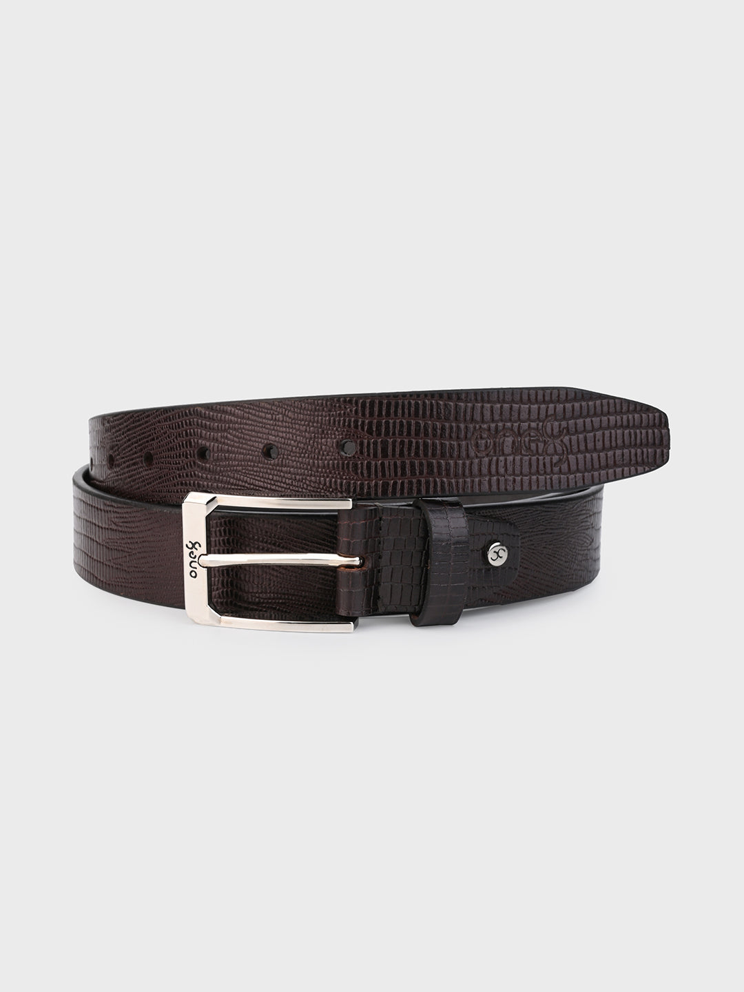 Brown Embossed Leather Belt with Silver Buckle