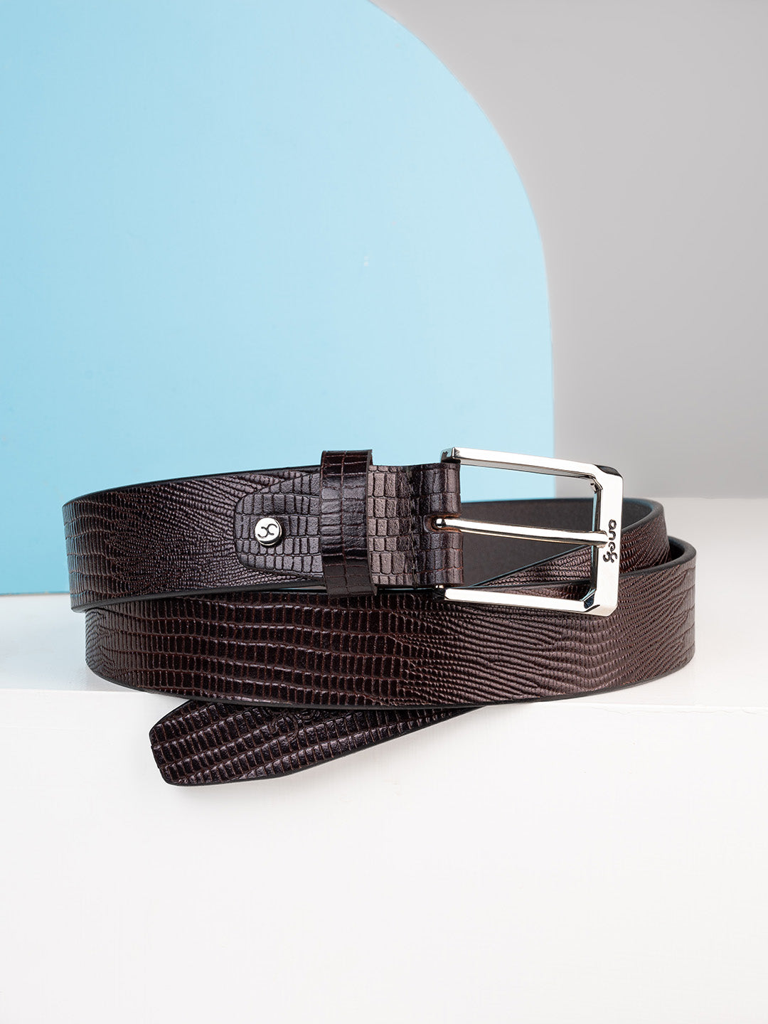 Brown Embossed Leather Belt with Silver Buckle