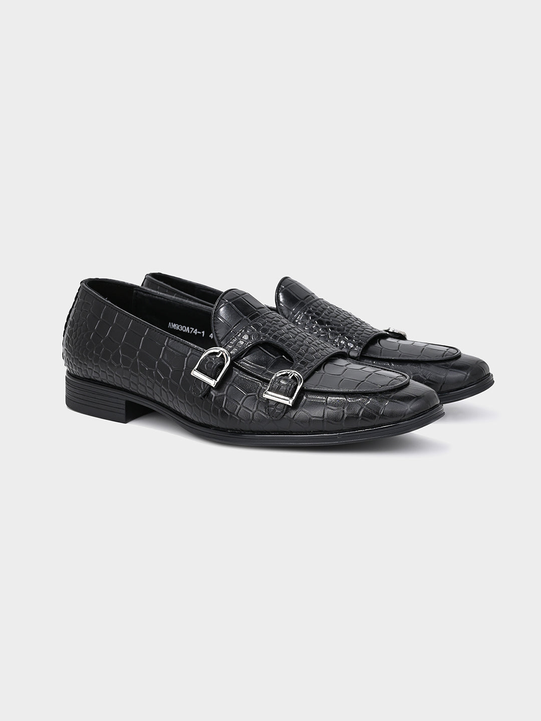 Black Crocodile-Effect Double Monk Shoes