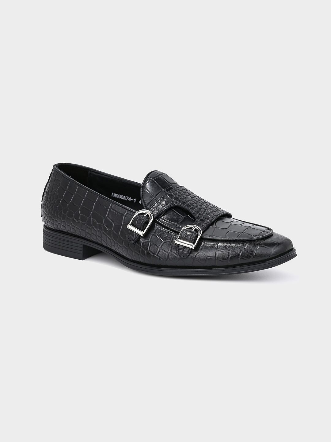 Black Crocodile-Effect Double Monk Shoes