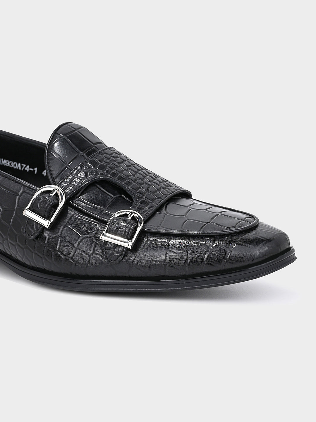 Black Crocodile-Effect Double Monk Shoes