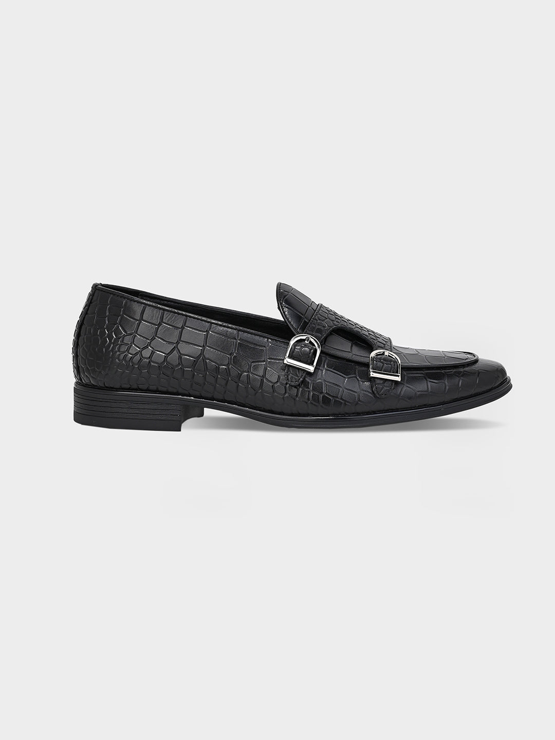 Black Crocodile-Effect Double Monk Shoes