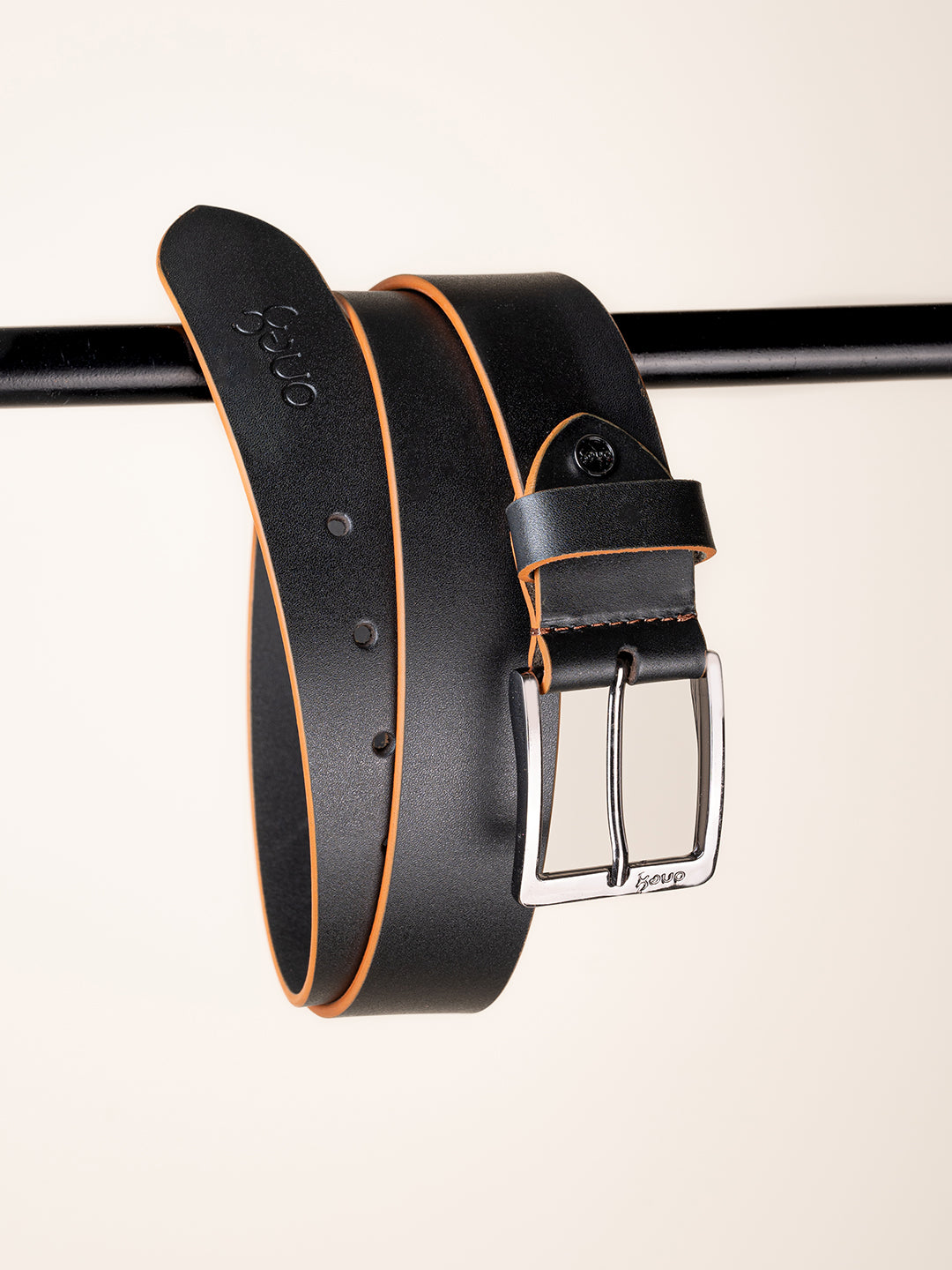 One8 Black Two-Tone Leather Belt with Nickel Buckle