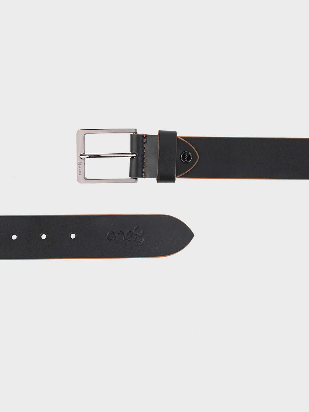 One8 Black Two-Tone Leather Belt with Nickel Buckle