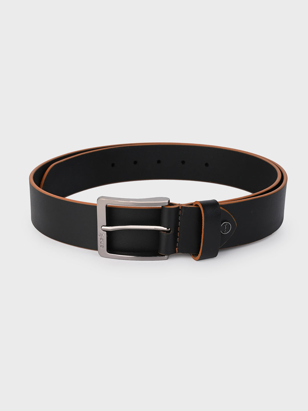 One8 Black Two-Tone Leather Belt with Nickel Buckle