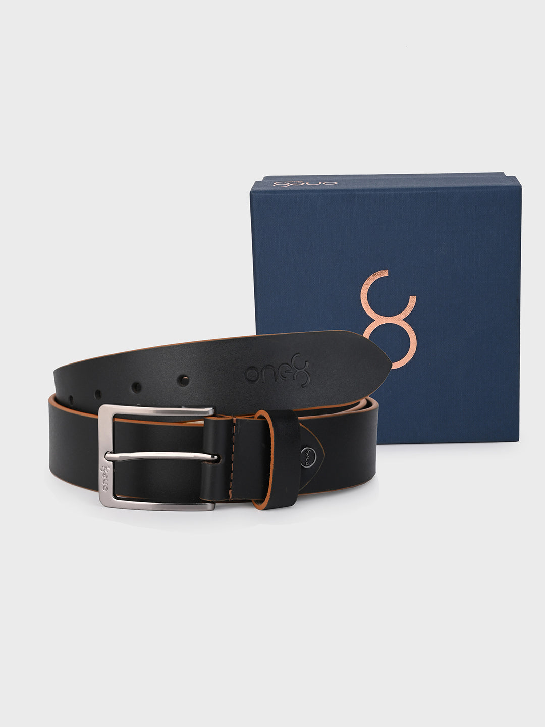 One8 Black Two-Tone Leather Belt with Nickel Buckle