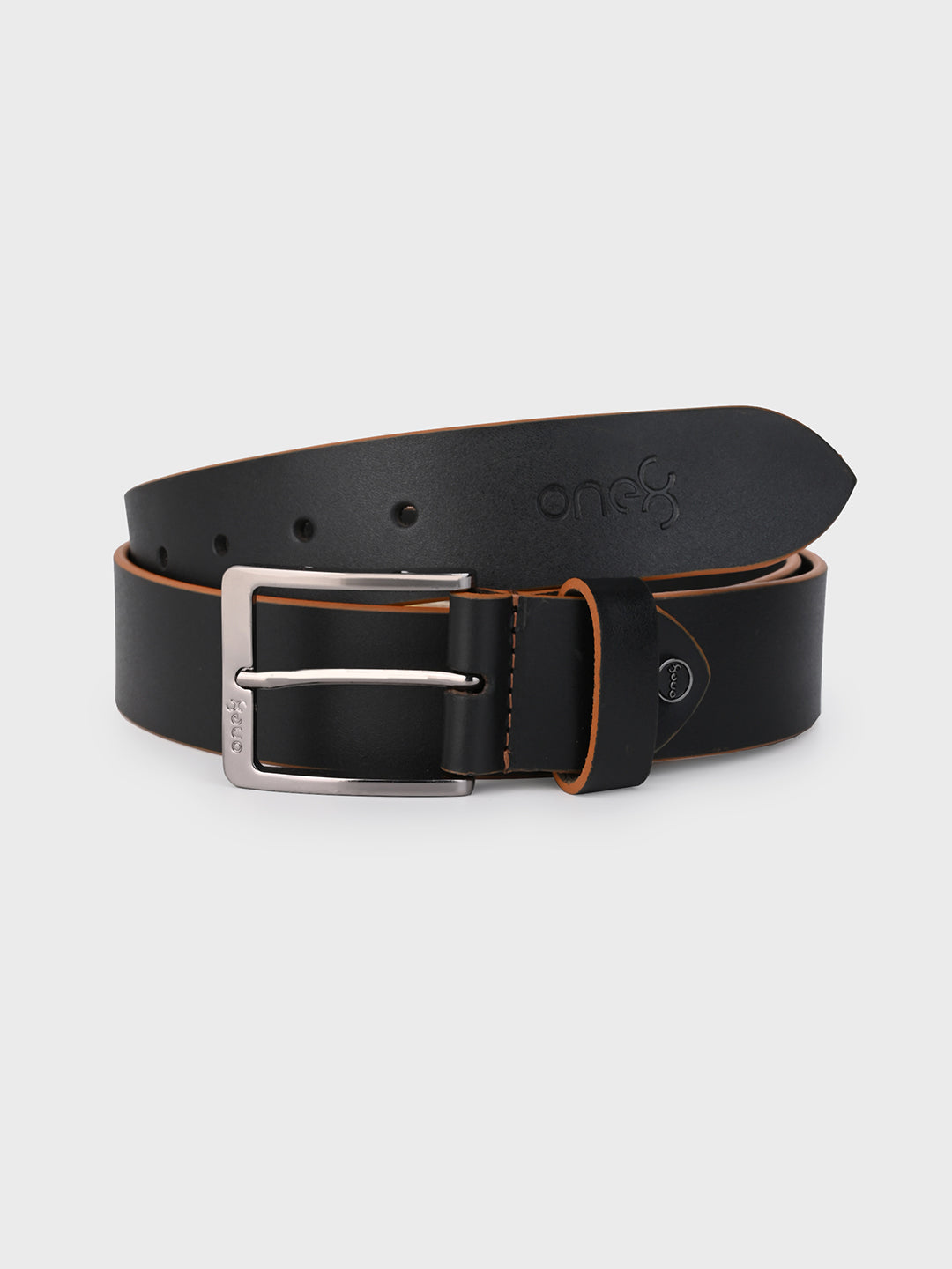 One8 Black Two-Tone Leather Belt with Nickel Buckle