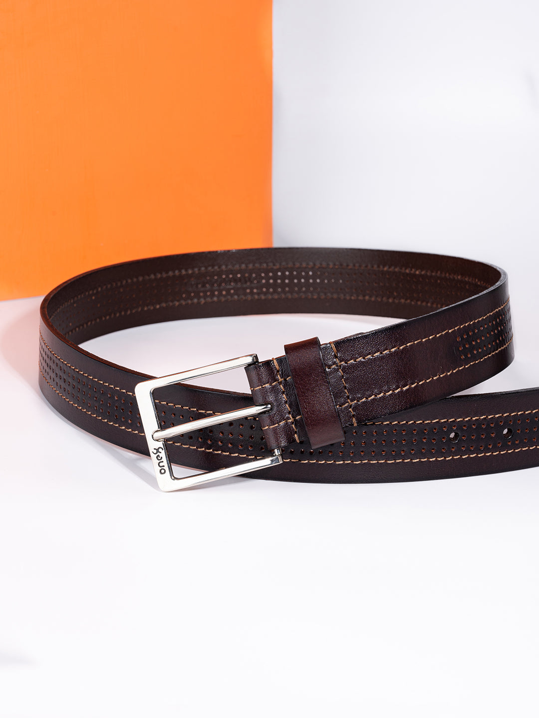 One8 Brown Perforated Leather Belt with Nickel Buckle