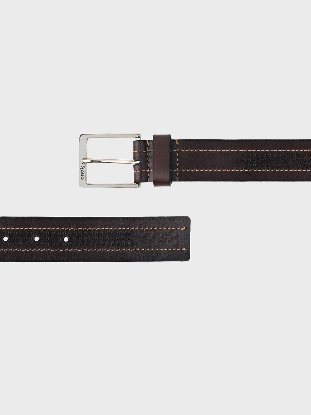 One8 Brown Perforated Leather Belt with Nickel Buckle