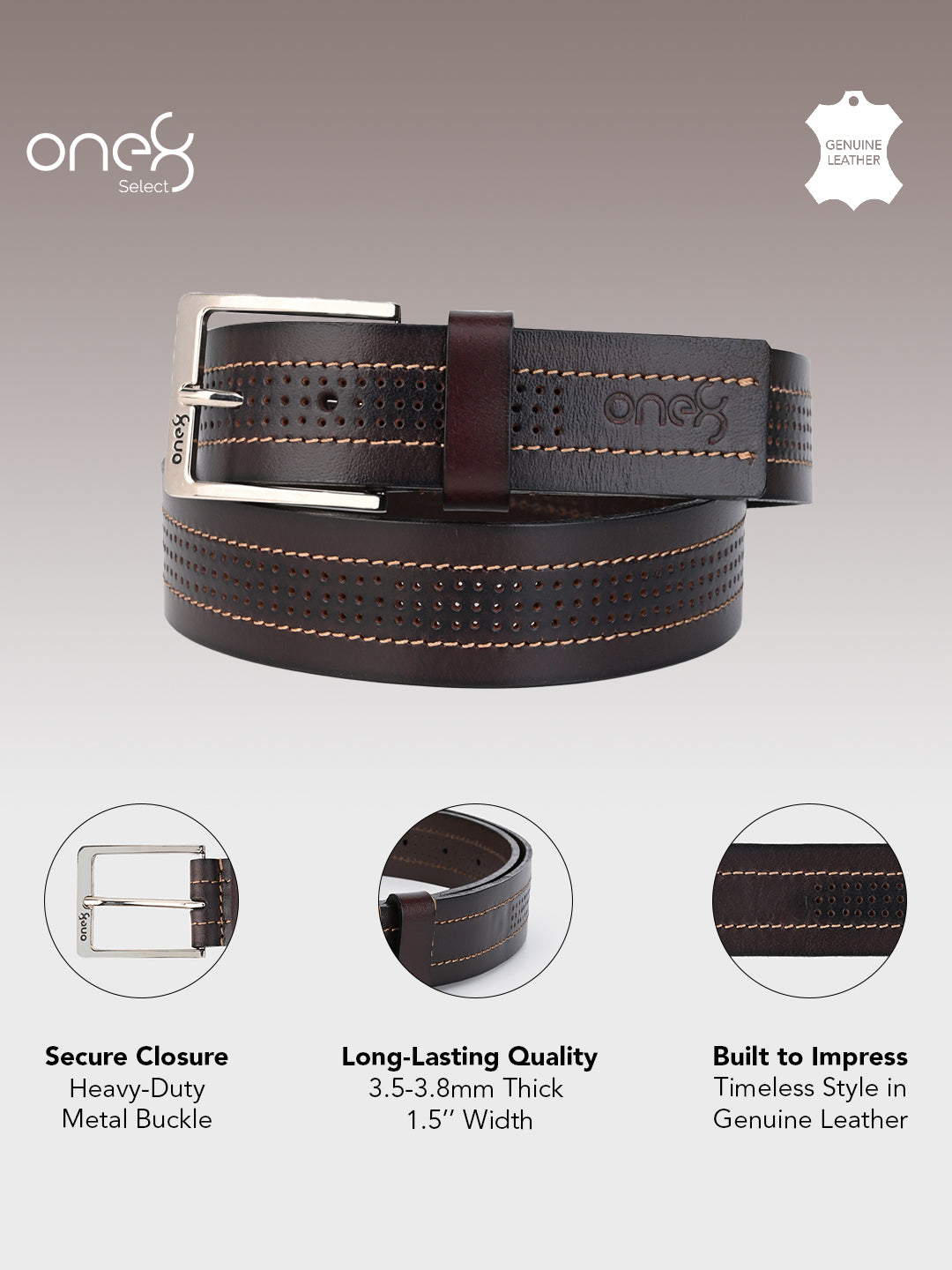 One8 Brown Perforated Leather Belt with Nickel Buckle