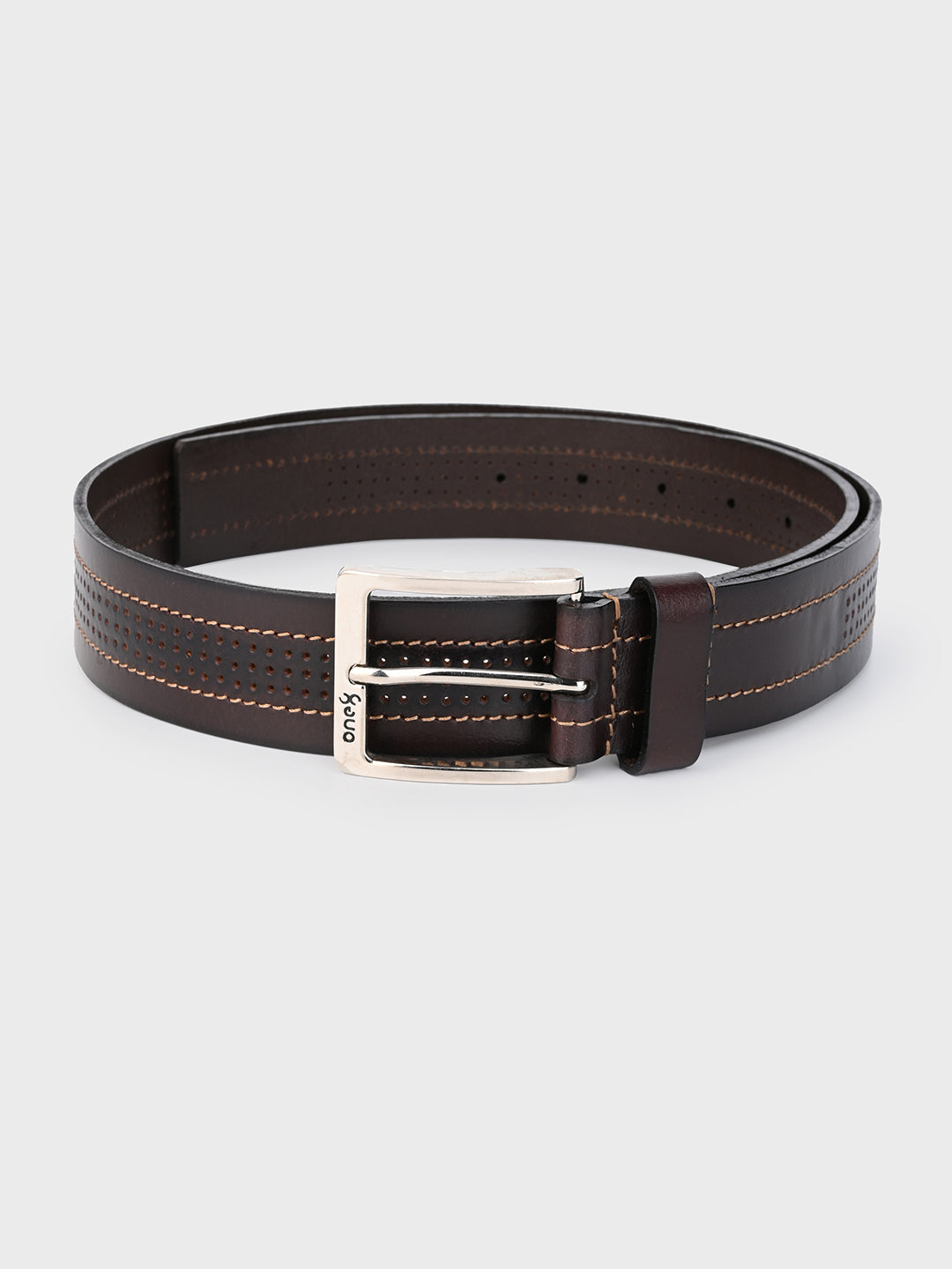 One8 Brown Perforated Leather Belt with Nickel Buckle