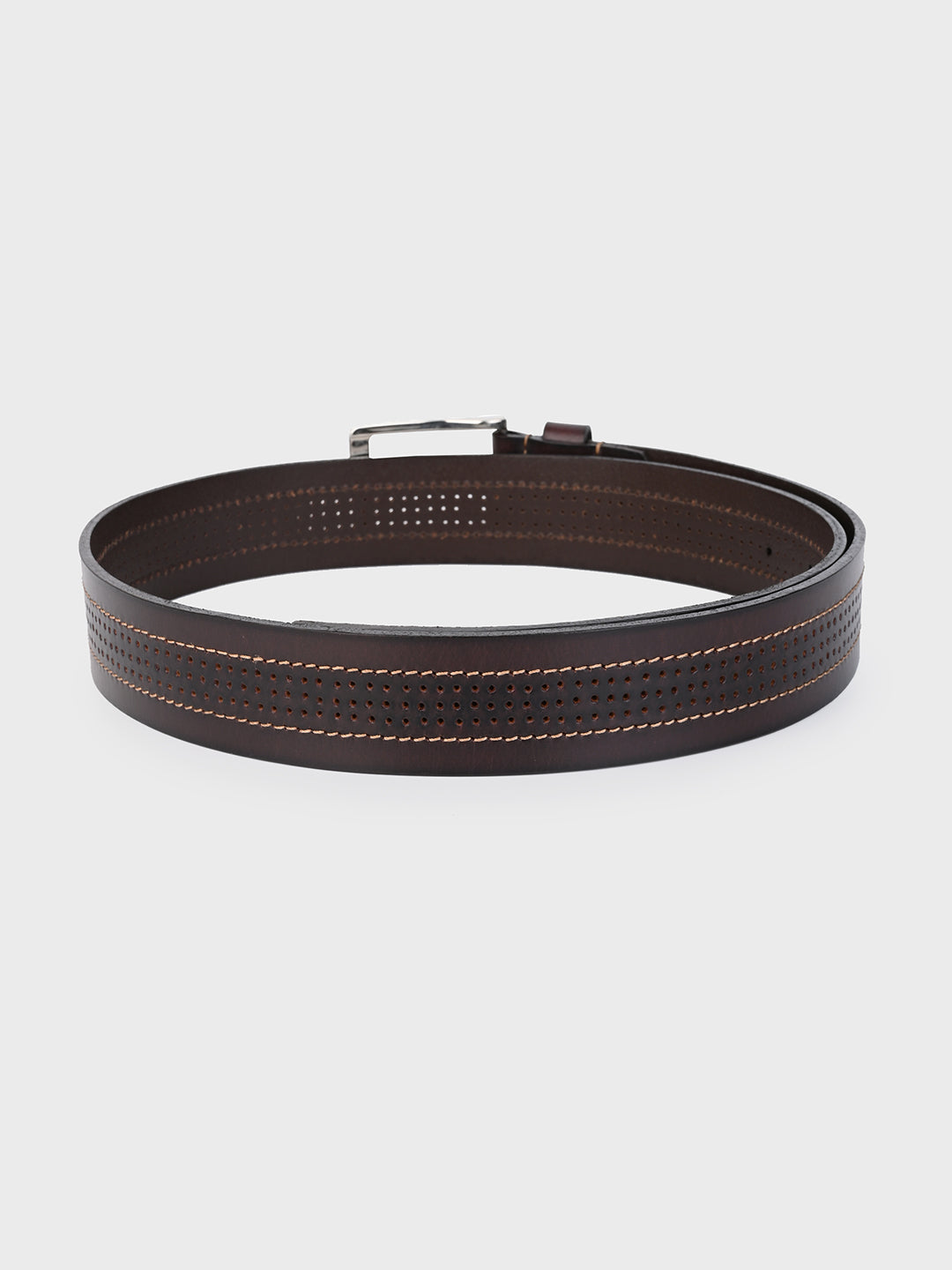 One8 Brown Perforated Leather Belt with Nickel Buckle