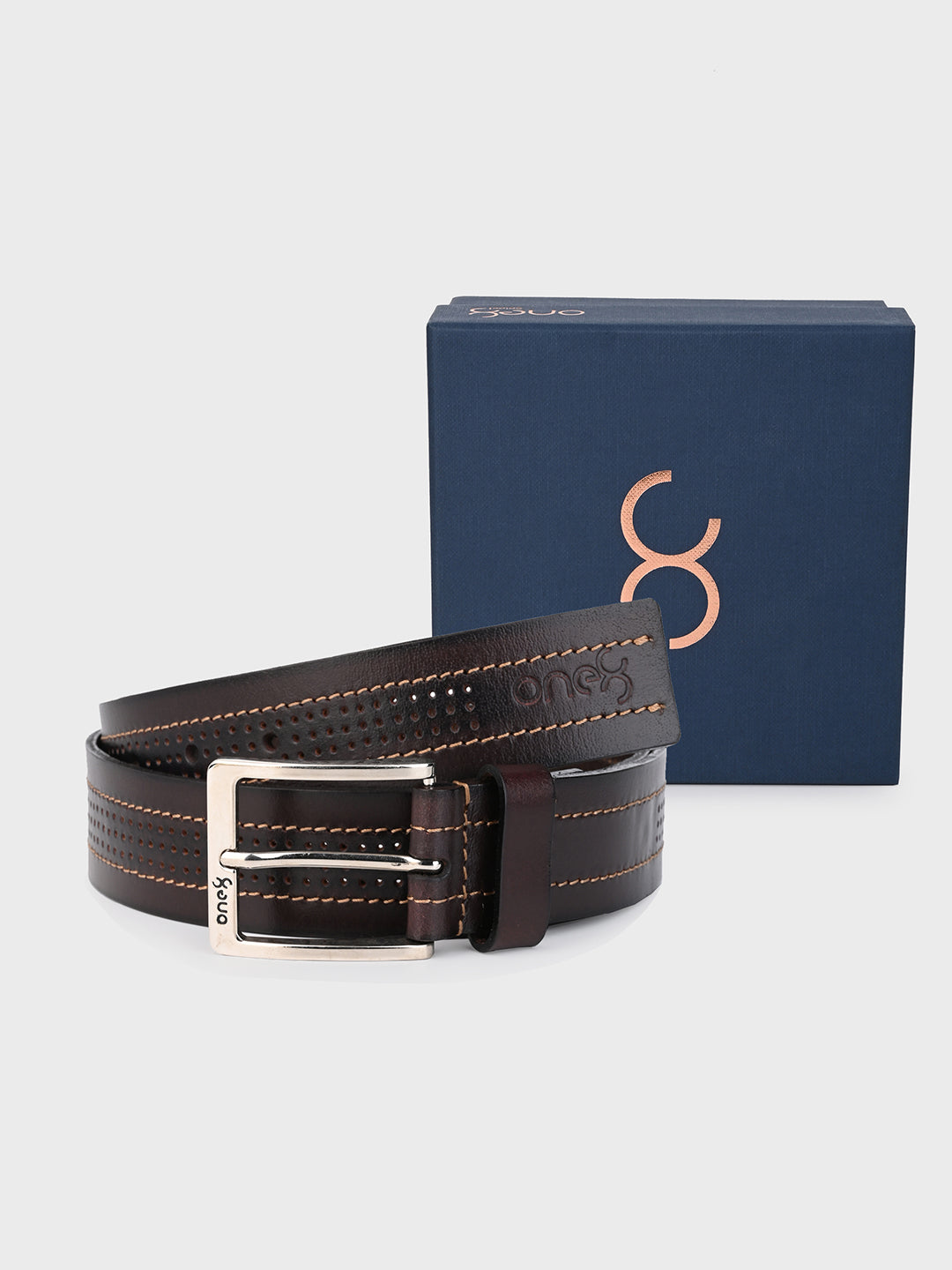 One8 Brown Perforated Leather Belt with Nickel Buckle