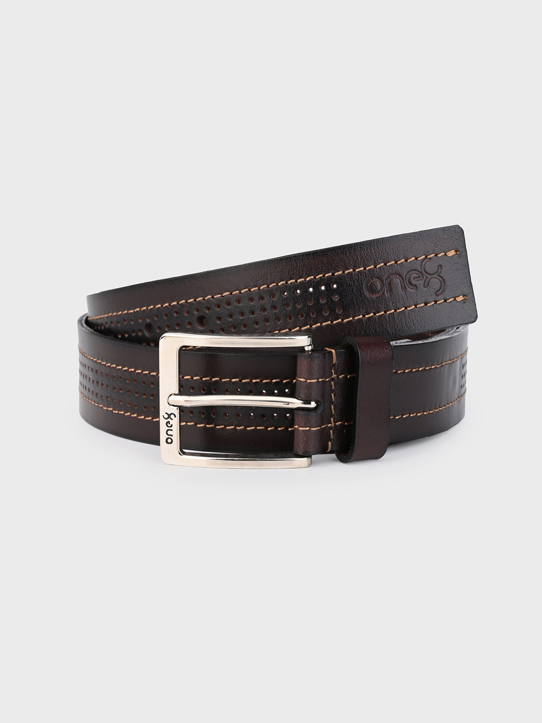 One8 Brown Perforated Leather Belt with Nickel Buckle