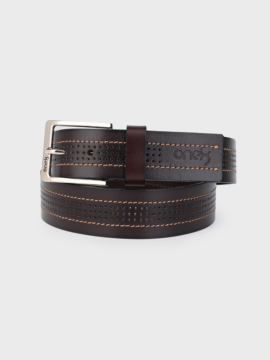 One8 Brown Perforated Leather Belt with Nickel Buckle