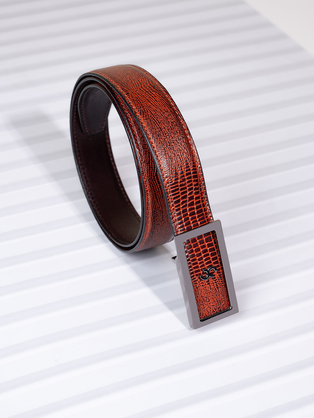 Brown Embossed Leather Belt with Gunmetal Buckle