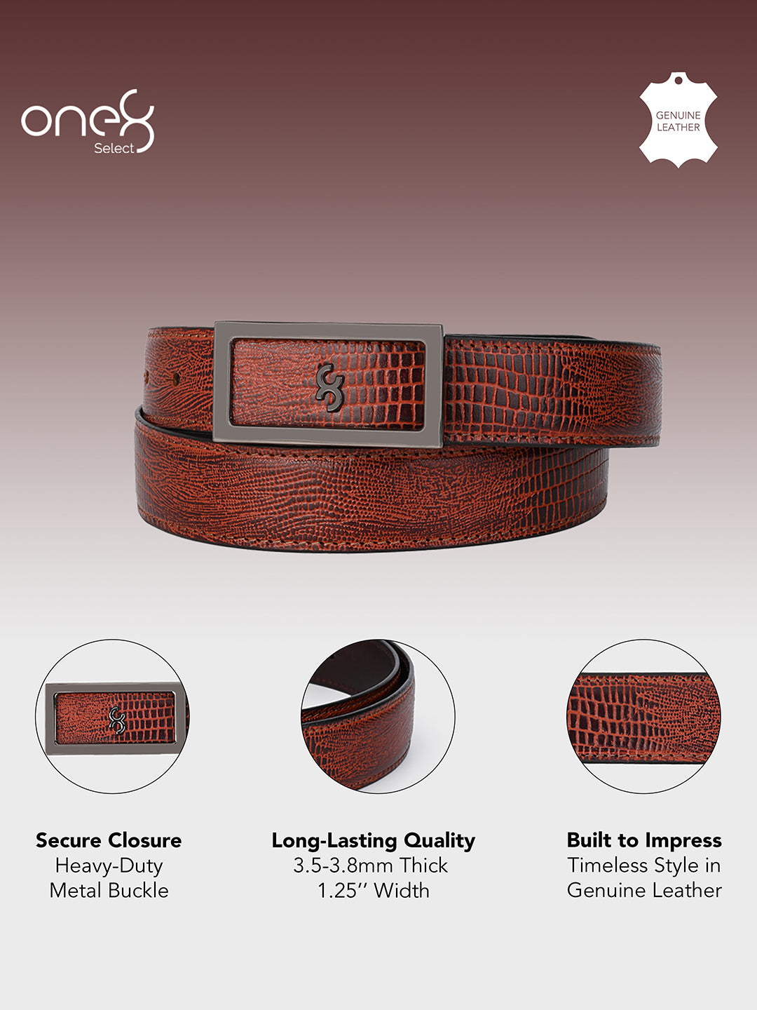 Brown Embossed Leather Belt with Gunmetal Buckle