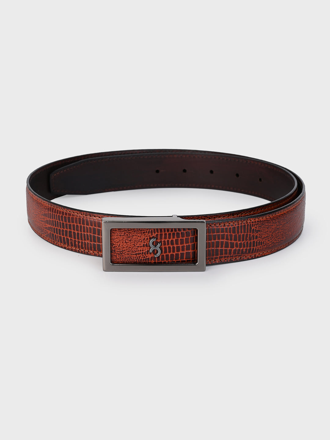 Brown Embossed Leather Belt with Gunmetal Buckle