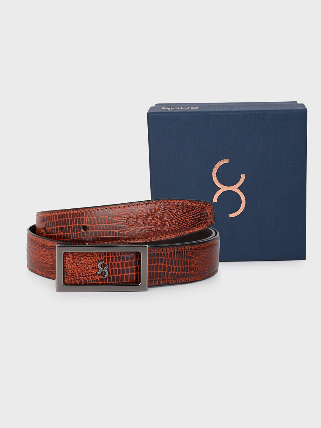 Brown Embossed Leather Belt with Gunmetal Buckle