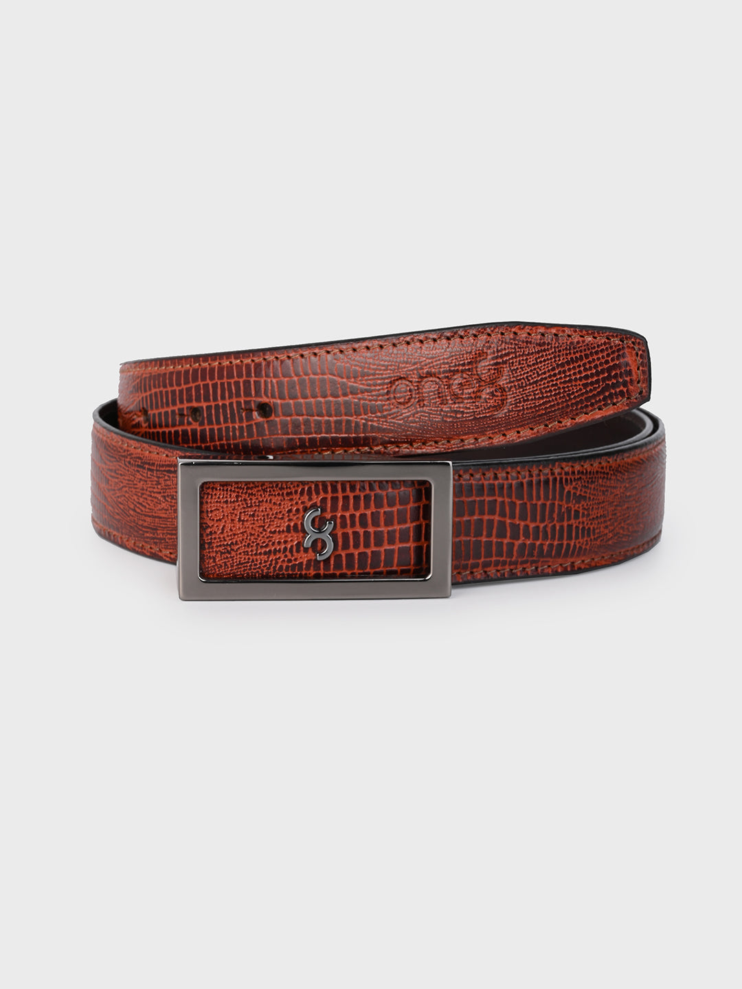 Brown Embossed Leather Belt with Gunmetal Buckle