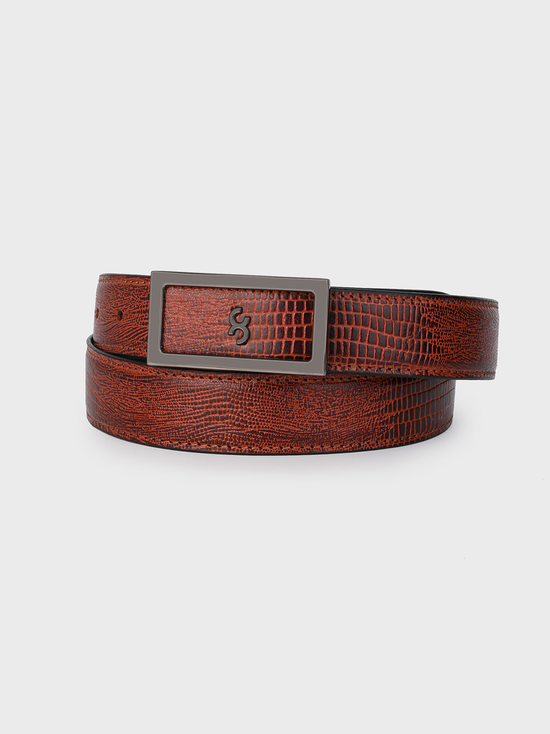 Brown Embossed Leather Belt with Gunmetal Buckle