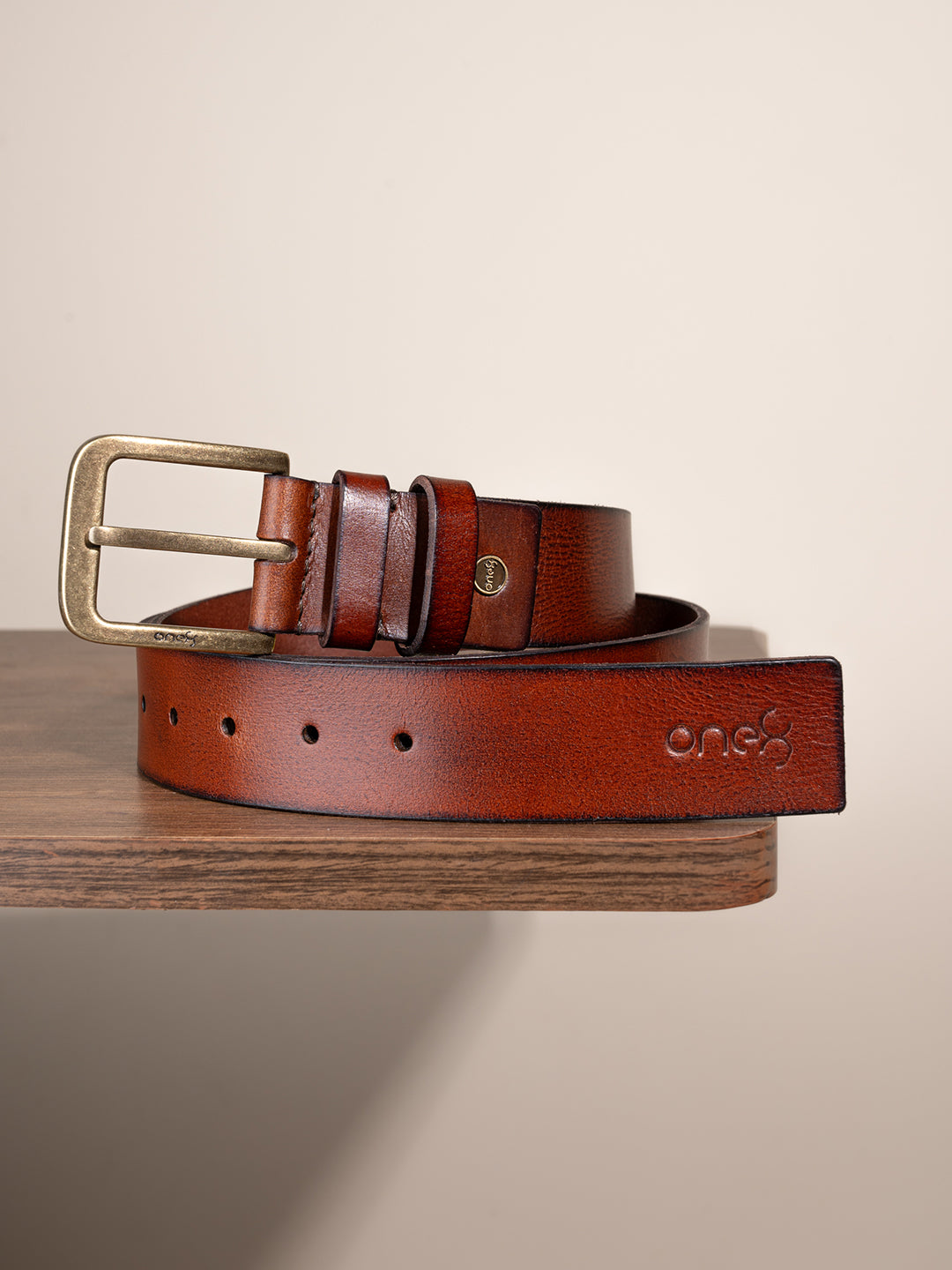 One8 Tan Classic Leather Belt with Gold-Tone Buckle