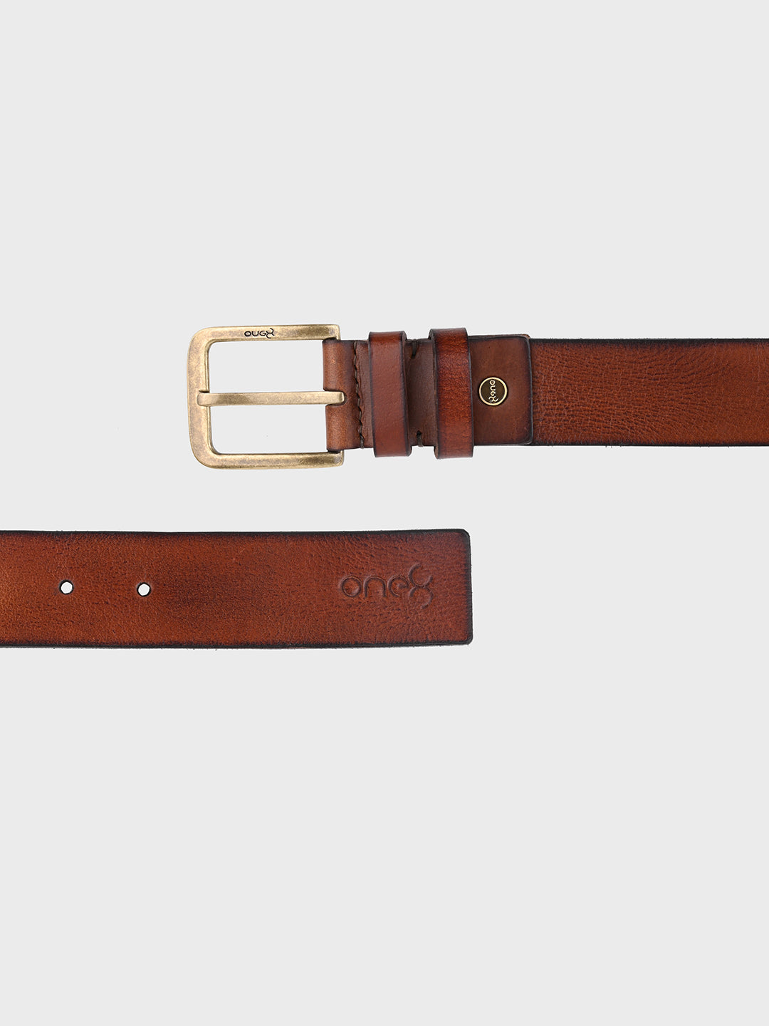 One8 Tan Classic Leather Belt with Gold-Tone Buckle