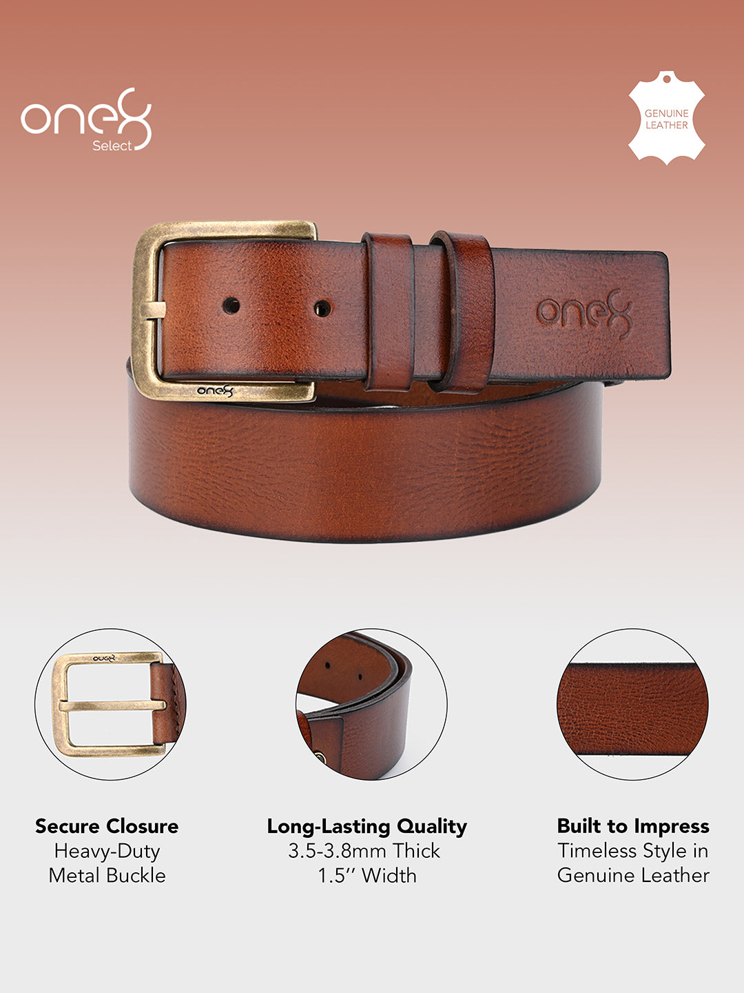 One8 Tan Classic Leather Belt with Gold-Tone Buckle