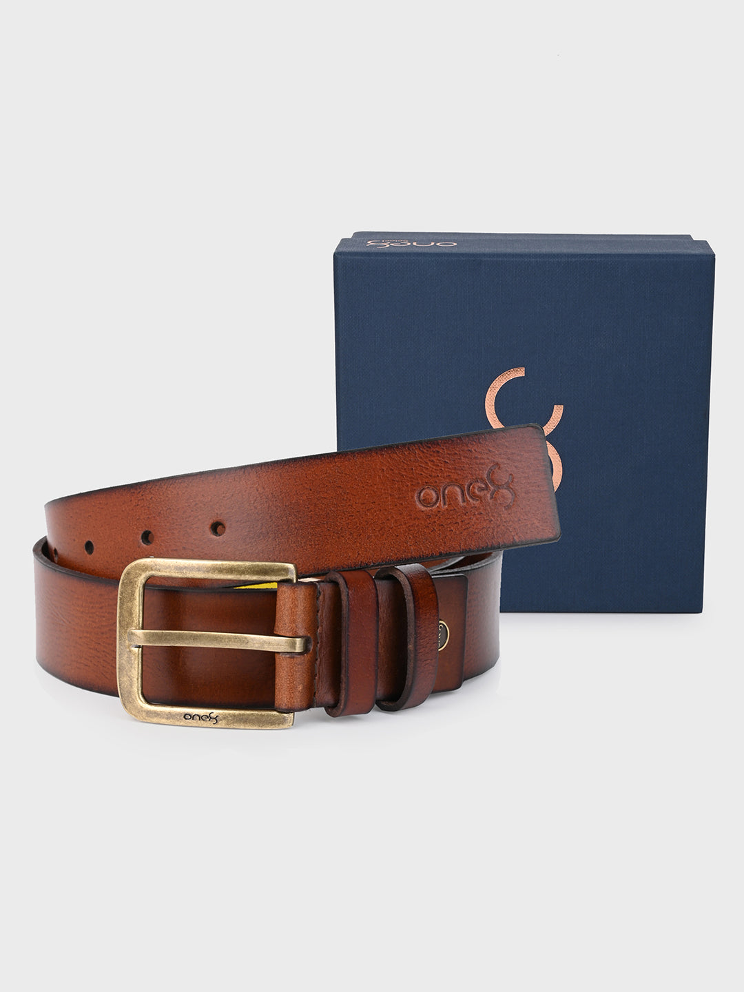 One8 Tan Classic Leather Belt with Gold-Tone Buckle