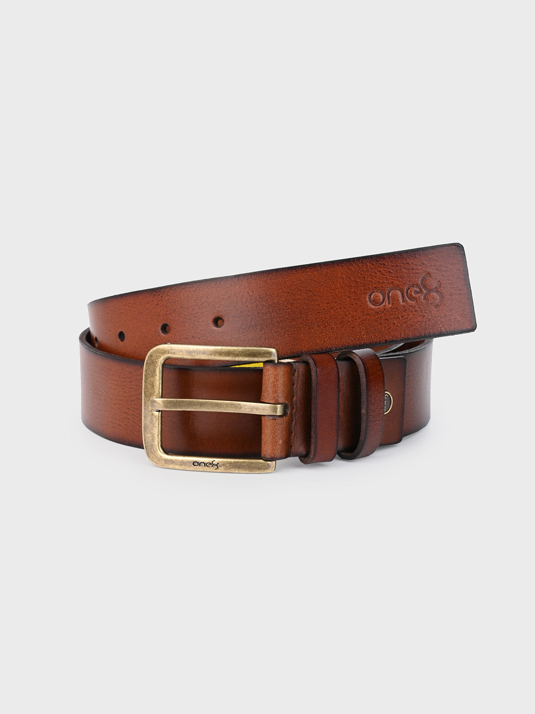 One8 Tan Classic Leather Belt with Gold-Tone Buckle