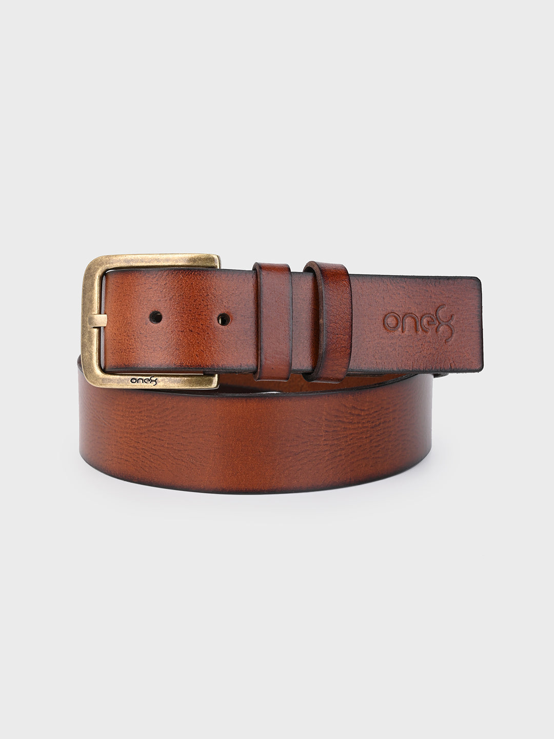 One8 Tan Classic Leather Belt with Gold-Tone Buckle