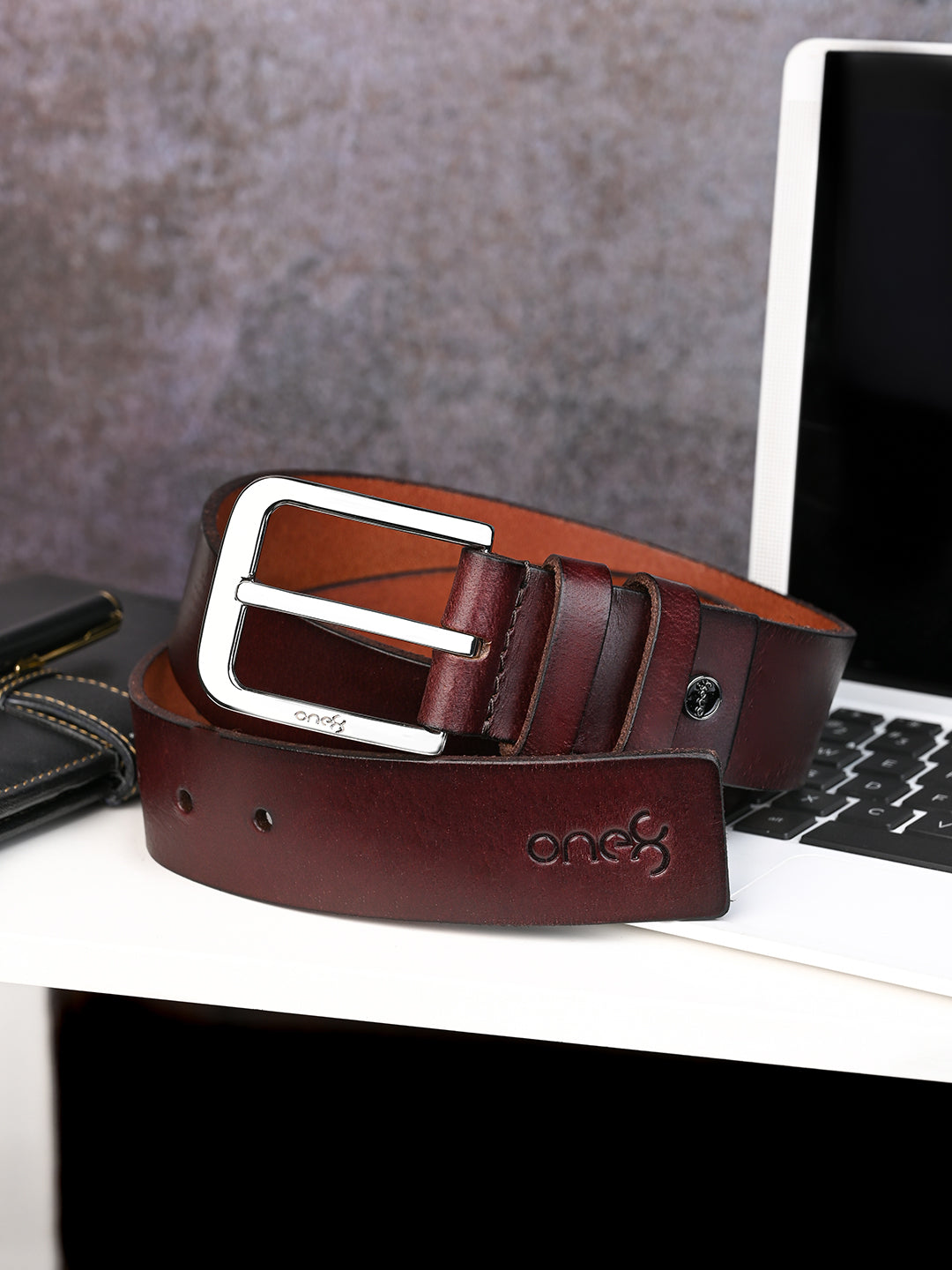 One8 Cherry Classic Leather Belt with Gunmetal Buckle