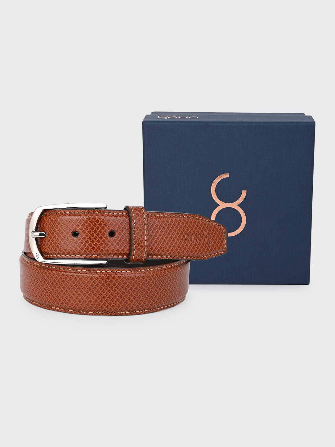 Sleek Silver Buckle Leather Belt in Tan