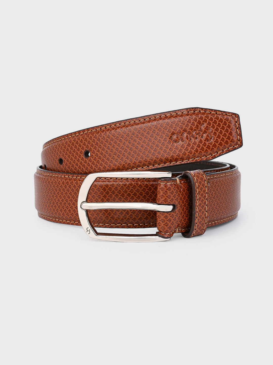 Sleek Silver Buckle Leather Belt in Tan