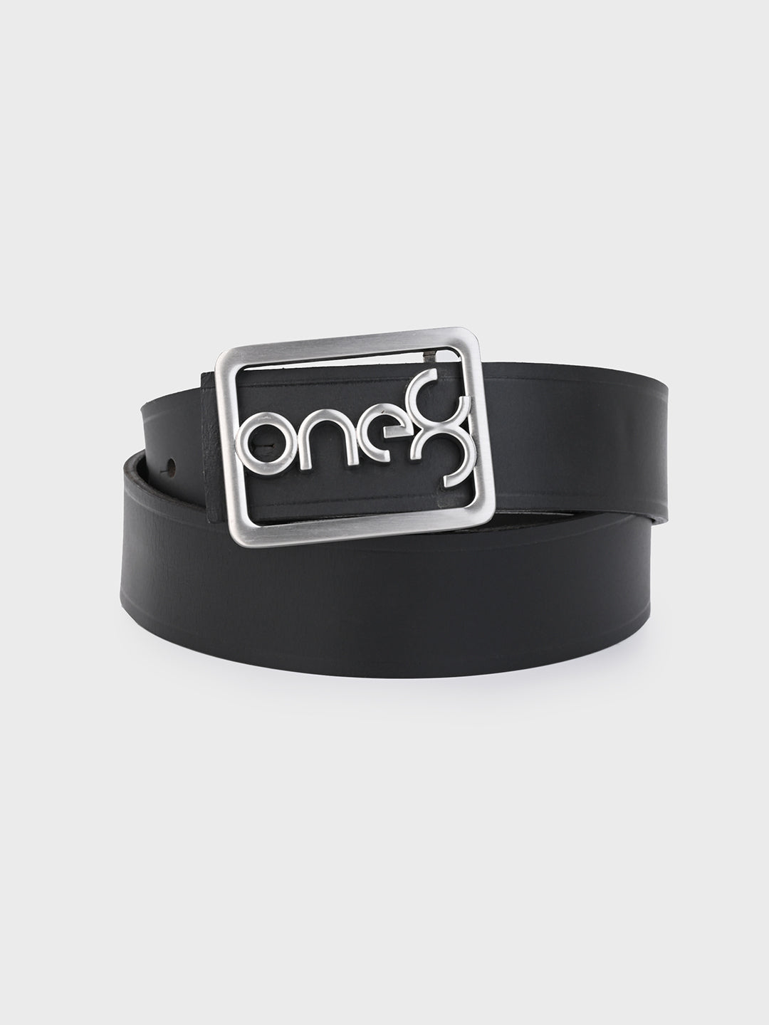 Black Signature Nickel-Brushed Buckle Leather Belt