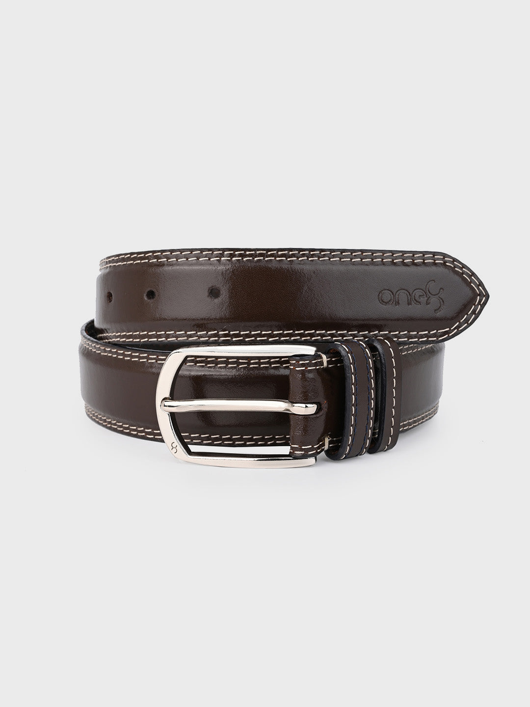 Sleek Silver Buckle Leather Belt in Brown