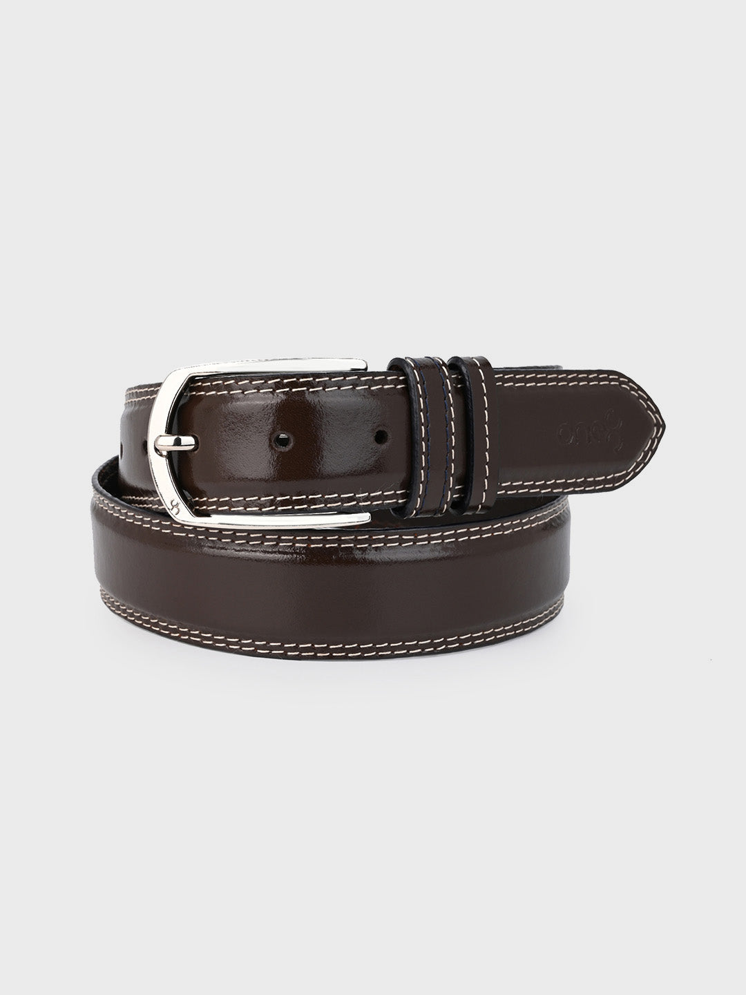 Sleek Silver Buckle Leather Belt in Brown