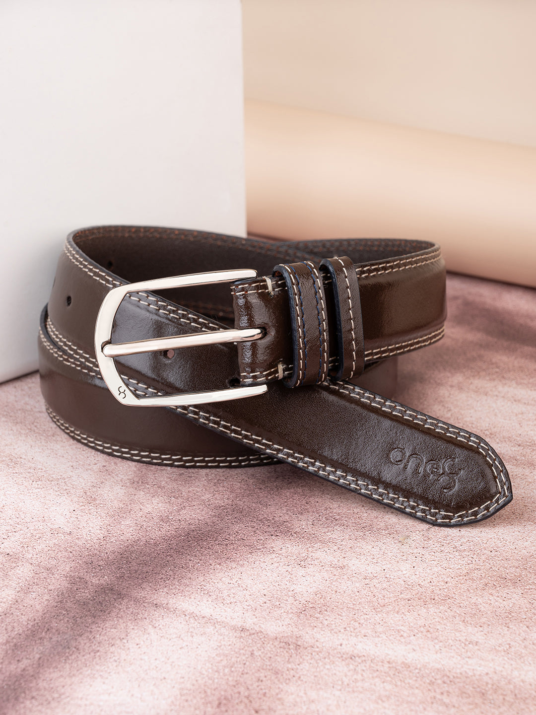 Sleek Silver Buckle Leather Belt in Brown