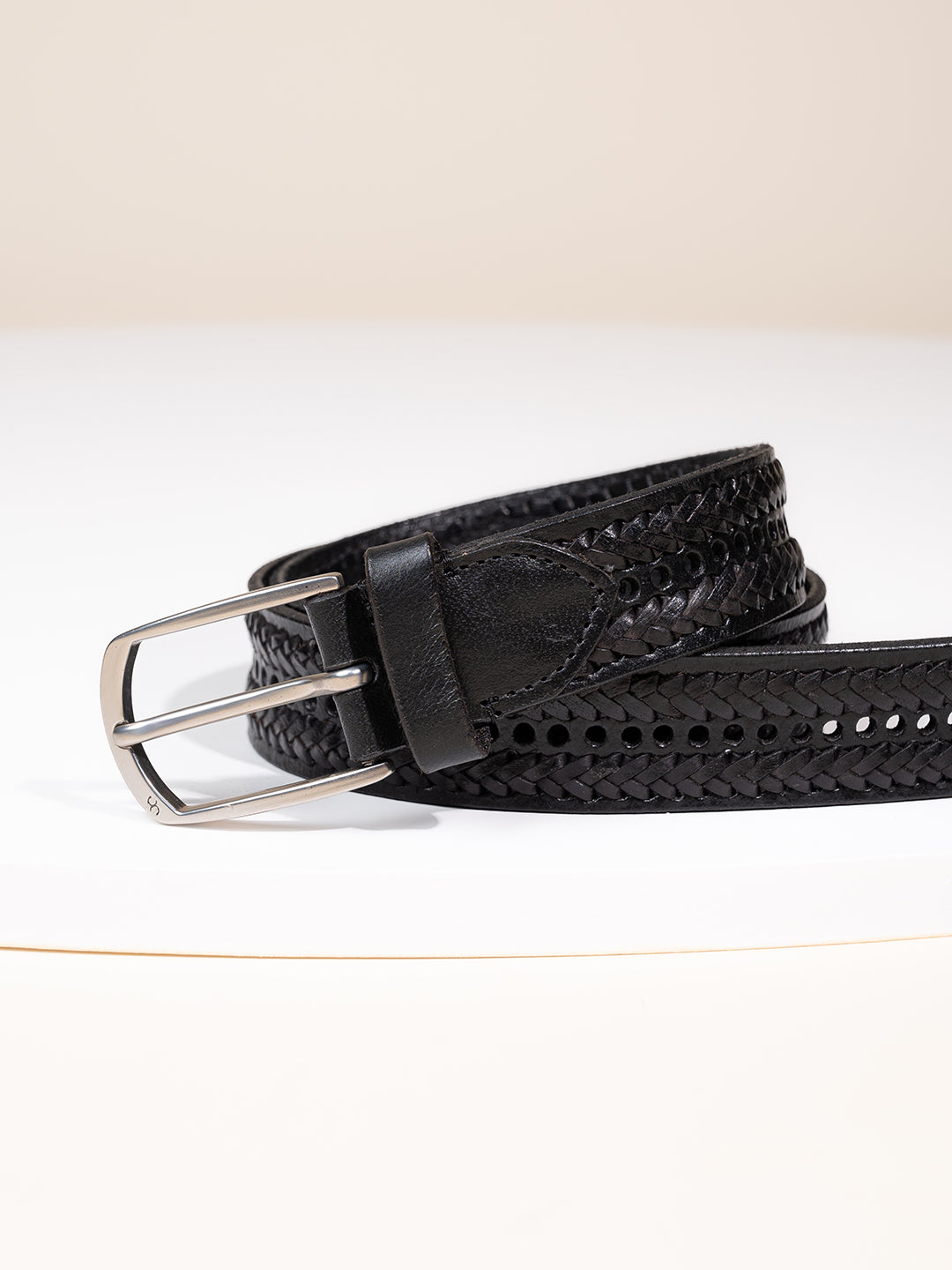 One8 Black Leather Belt with Intricate Weave