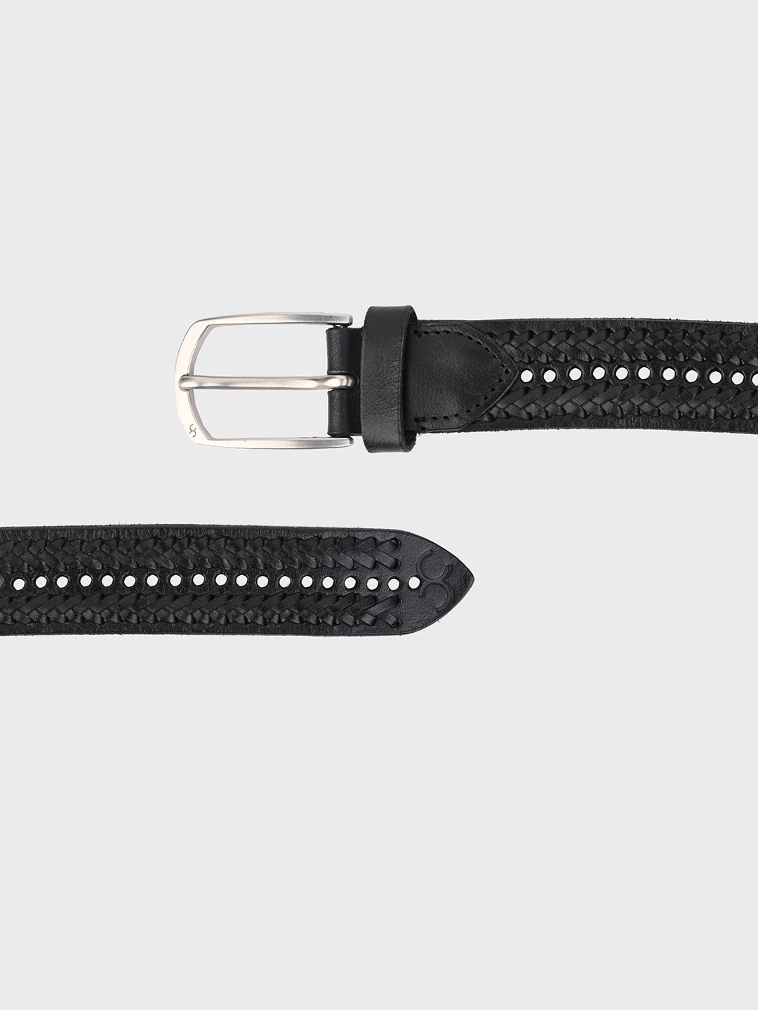 One8 Black Leather Belt with Intricate Weave